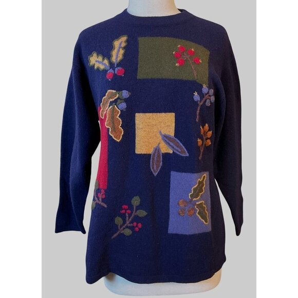 Country Rose Long Sleeve Lambswool Embroidered Fall Leaves Vintage Sweater Large - Picture 1 of 8